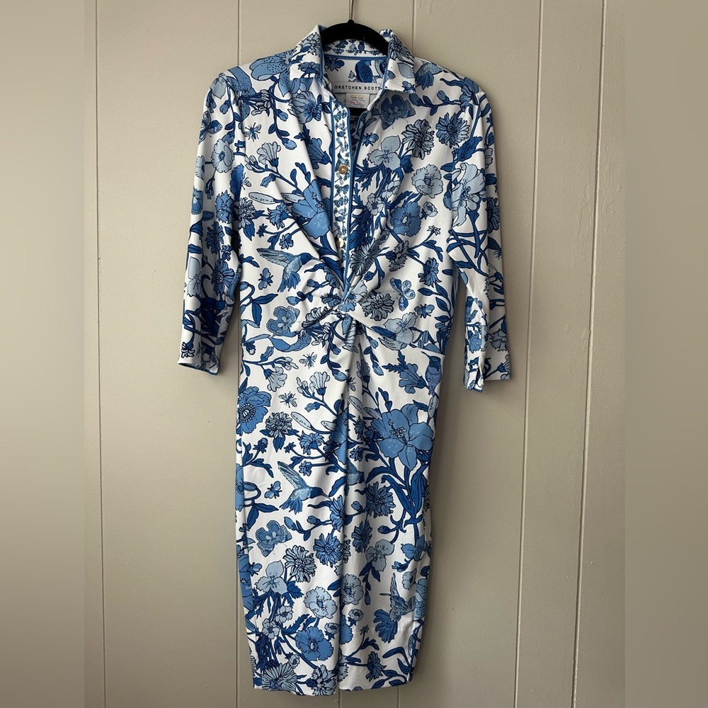 Gretchen Scott, blue/white floral twist & shout dress, L